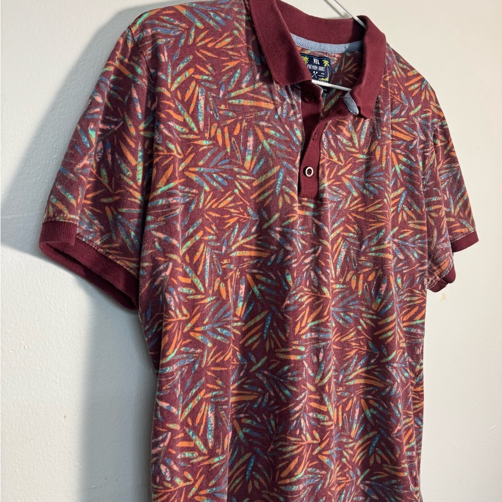 Men's Patterned Burgundy Polo with Multicolor Leaf Print